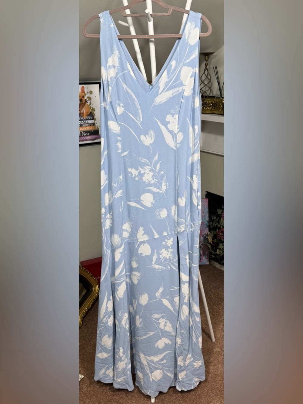 NWT Reformation Sky Blue w/White Floral Maxi Dress Fully Lined Slit Flare Skirt
